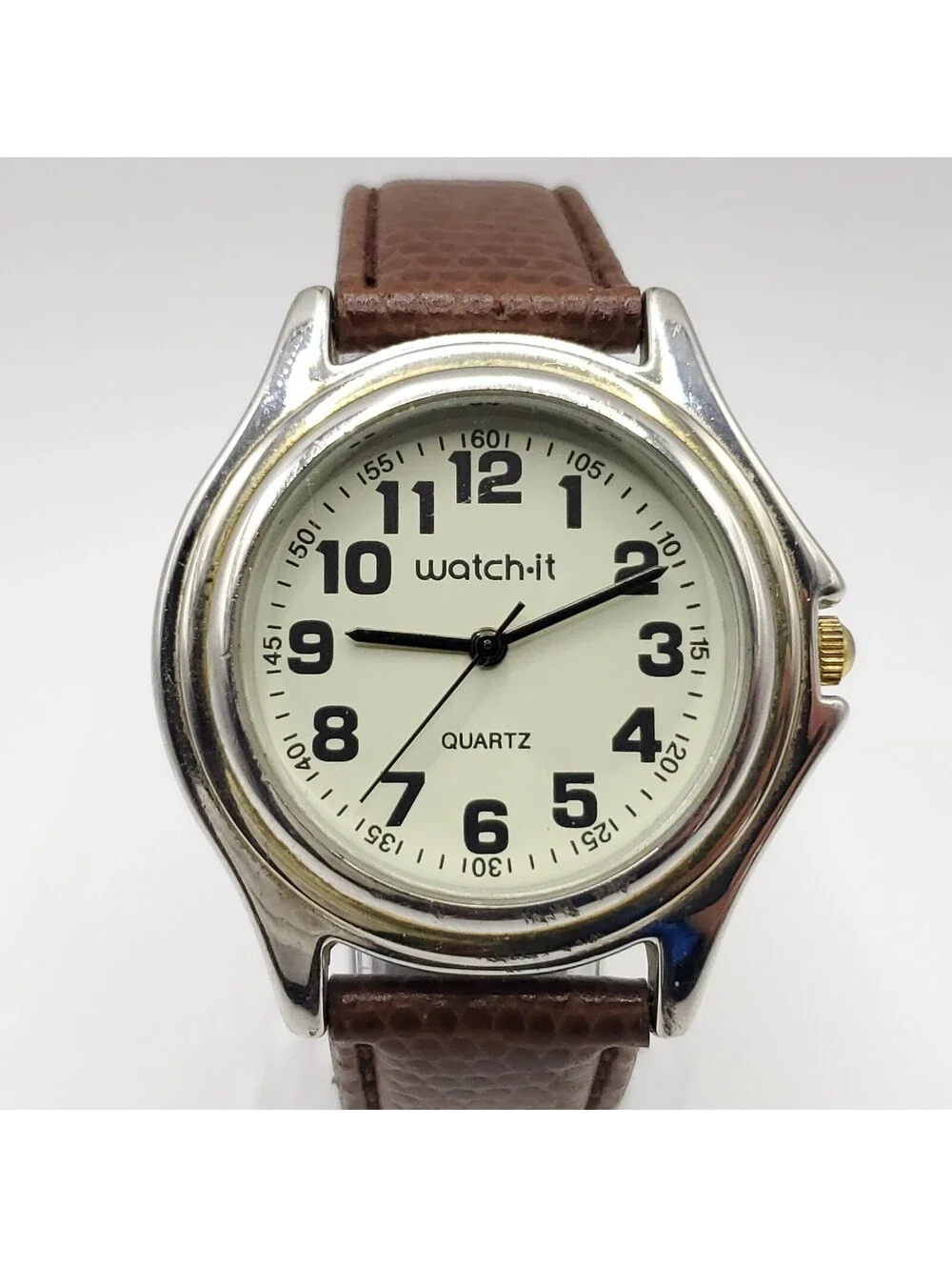 Watch-it Mens 37mm Quartz Watch New Battery Brown Leather Band Silver Tone